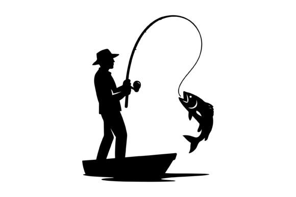 Fisherman Catching Large Fish Silhouette: Graphics & Illustrations Review